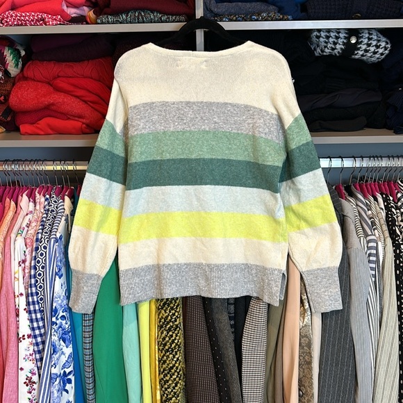 Loft ecru/green/gray/yellow striped v neck long sleeve sweater size S - Picture 3 of 3